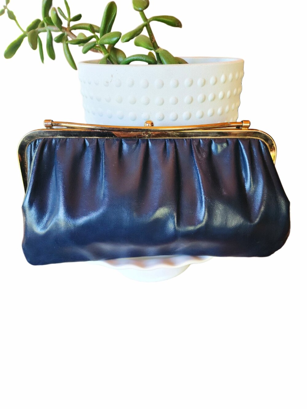 Classic Vintage 50s Navy Leather Clutch with Gold Kiss Closure Frame